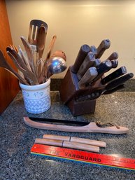 Wood Knife Block With Knives Kitchen Utensils Crock Ladle, Wooden Spoons Spatula