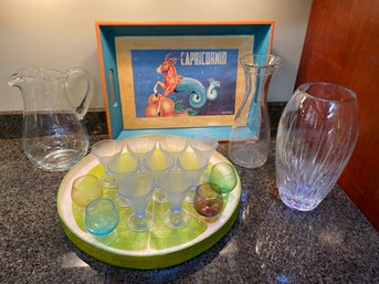 Crystal Vase, Light Blue Glass Fruit Cups, Colorful Snifter Glasses, Lime & Capricornio Trays, Glass Pitchers