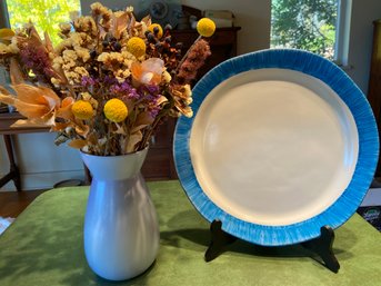 Michael Wainwright Pottery Collection: Lavender Vase 8.5 And Blue Rimmed Serving Plate 13