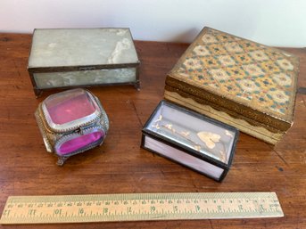 4 Jewelry Trinket Boxes: Glass, Brass, Wood And Stained Glass