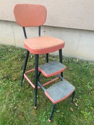 Vintage Sun Faded Red And Black Metal Chair And Step Stool