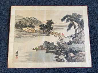 Original Japanese Countryside Landscape Watercolor On Silk