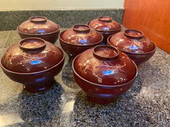 Set Of 6 Japanese Lacquerware Bowls With Lids