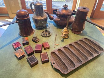 Antique Vintage Copper And Brass Kettles, Matchbox Holders, Cast Iron Corn Cob, Metal Flower Frog,