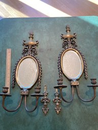 Pair Of Ornate Brass Wall Sconces Beveled Mirrors Candlestick Holders