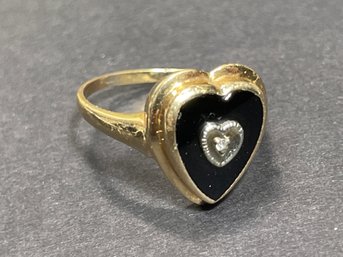 10k Gold Heart Shape Ring Black Onyx Diamond Size 8.5