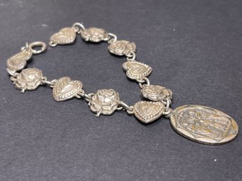 Sterling Silver Religious Heart And Rose Link Bracelet