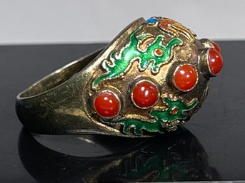 Awesome Antique Chinese Gilt Silver Enamel Dragons Carnelian Ring