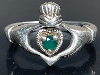 Rare Sterling Silver Claddagh Flip Ring W Emerald Stone