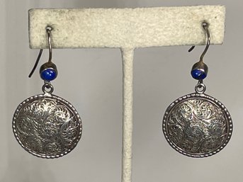 Fine Sterling Silver Engraved Lapis Pierced Earrings