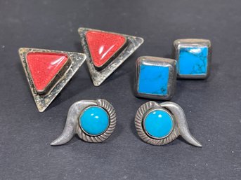 Lot Three Sterling Silver Pierced Earrings Turquoise & Pink Glass