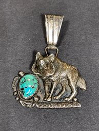 Signed Sterling Silver Southwestern Wolf Turquoise Pendant