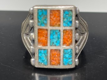 Large Sterling Silver Vintage Mens Ring Coral Turquoise Size 10