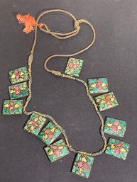 Intake Indian Hand Painted Ceramic Pendant Necklace On Gold Thread