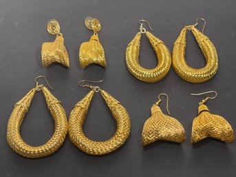 Four Pair Fine Woven Gold Tone Pierced Earrings