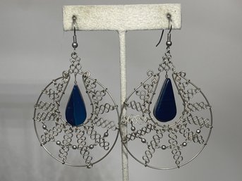 Large Hand Crafted Silver Wire Blue Agate Stone Pierced Earrings