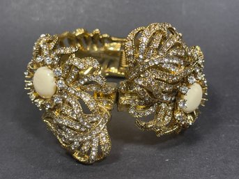 Fine Designer Gold Tone Rhinestone Large Hinged Cuff Bracelet