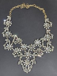 Large High Quality Gold Tone White Rhinestone Bib Necklace