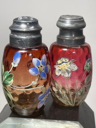 Pr Victorian Amberina Enamel Hand Painted Salt Shakers