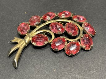 Large Gilt Vintage Strrling Silver Brooch W PiNk Stones