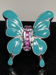 Large Sterling Silver Butterfly Ring Enamel Amethyst Size 5