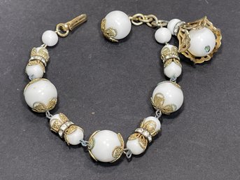 Vintage Signed EISENBERG Rhinestone White Glass Beaded Bracelet