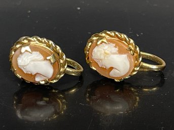 Pair Gold Filled Hand Carved Shell Cameo Screw Back Earrings