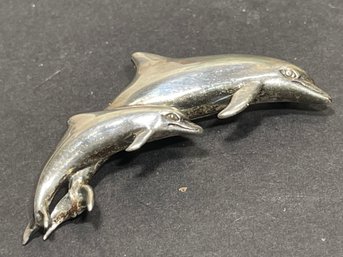 Fine Sterling Silver Double Dolphin Brooch