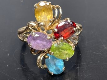 10k Gold Ladies Ring Gemstones Peridot Amethyst Garnet Topaz Size 7.25