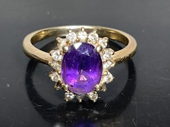 14k Gold Ladies Ring Amethyst & Diamonds Size 7.25 Weighs 3.8 Grams