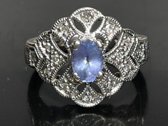 Fine 14k White Gold Ladies Ring W Pale Blue Stone & Diamonds Size 6.75