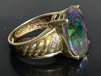 14k Gold Ladies Ring Large Rainbow Stone W Diamonds Weighs 8.5 Grams