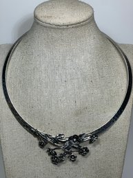 Israeli Sterling Silver Torque Necklace Wrought W Flowers