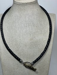 Sterling Silver And Brass Braided Leather Necklace