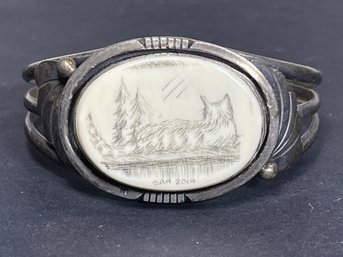 Fine Signed Scrimshaw Sterling Silver Southwestern Cuff Bracelet