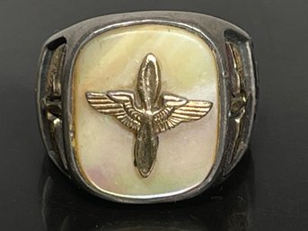 WWII Sterling Silver Gold Filled Mens Ring Aviator Ring W Mother Of Pearl