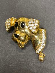 Vintage Gold Tone Rhinestone Enamel Dog Face Brooch