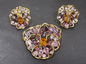 Fine Signed Nolan Miller Rhinestone Pansy Brooch & Earrings Suite