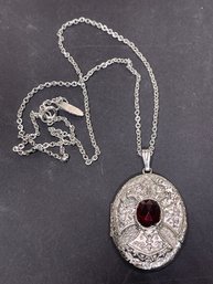 Vintage  Whiting And Davis Silver Tone Necklace W Large Locket Red Stone