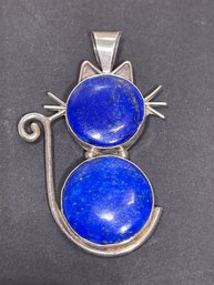 Signed Sterling Silver Large Lapis Cat Pendant