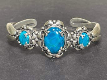 Large Heavy Sterling Silver Turquoise Type Hard Stones Cuff Bracelet