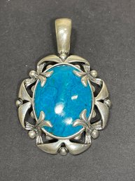 Large Srerling Silver Blue Green Turquoise Stone Pendant Enhancer