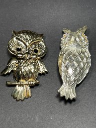 Two Vintage Gold Silver Tone Owl Brooches