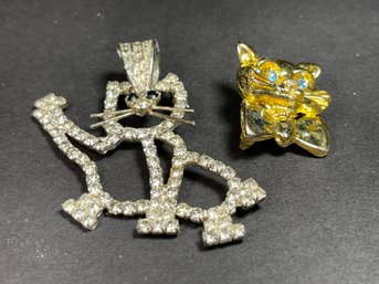 Rhinestone Cat Pendant & Gold Tone Cat Pin