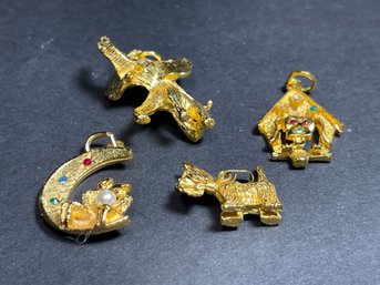 Four Gold Tone Rhinestone Charms Dog, Moon, Elephant