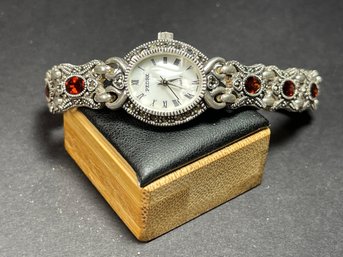 Sterling Silver Ladies Wristwatch Garnets And Marcasites