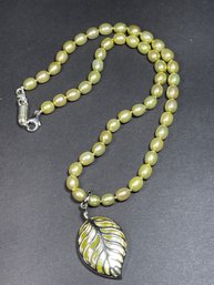 Sterling Silver Colored Cultured Pearl Necklace W Leaf Pendant