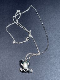 Sterling Silver Necklace W Frog Pendant W Emerald Eyes