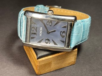 Fine HONORA Light Blue Leather Abalone Wristwatch