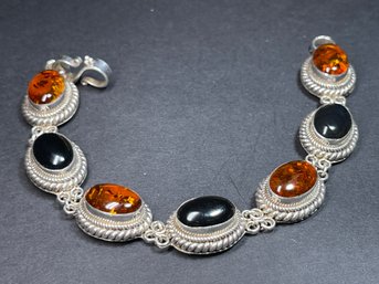 Sterling Silver Black Onyx Genuine Amber Bracelet